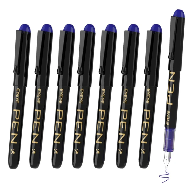 Black-barrel fountain pens, 8 blue ink pens, view 1